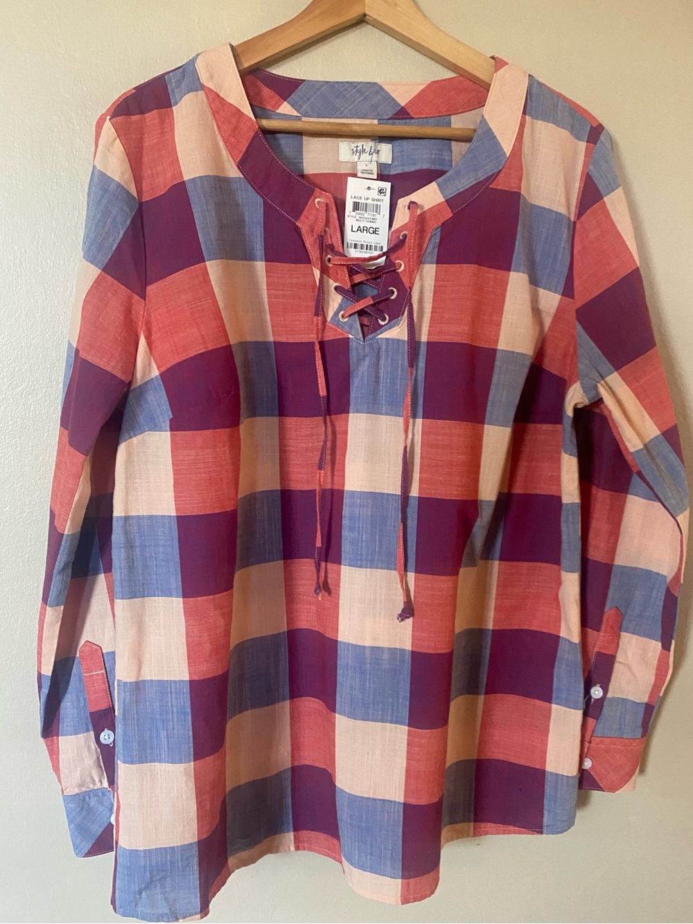 Style & Co. Plaid Lace-Up Tunic in Pink, Purple & Blue